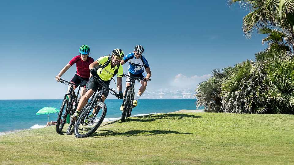 Drei Manner, die auf Mountanbikes am Meer entlang fahren