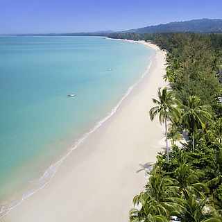Weißer langer Sandstrand vor einer grünen Anlage